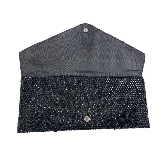 Handmade Women’s Black Beaded  Flower Pattern Evening Clutch Bag Sz S - Picture 4 of 6